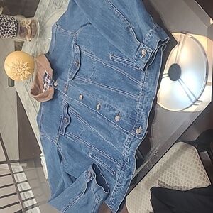 Mack Trucker Denim Jacket Plaid Lined Denim With Brown Leather Trim XL